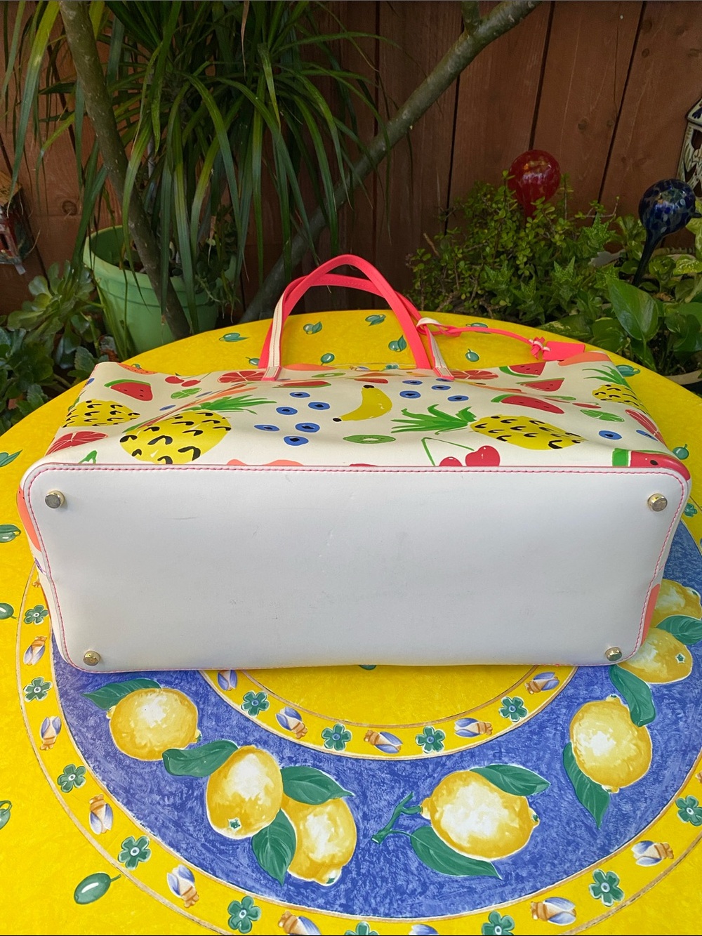 kate spade White Multicolor Fruit Print Tote with Pink Trim - Picture 9 of 12